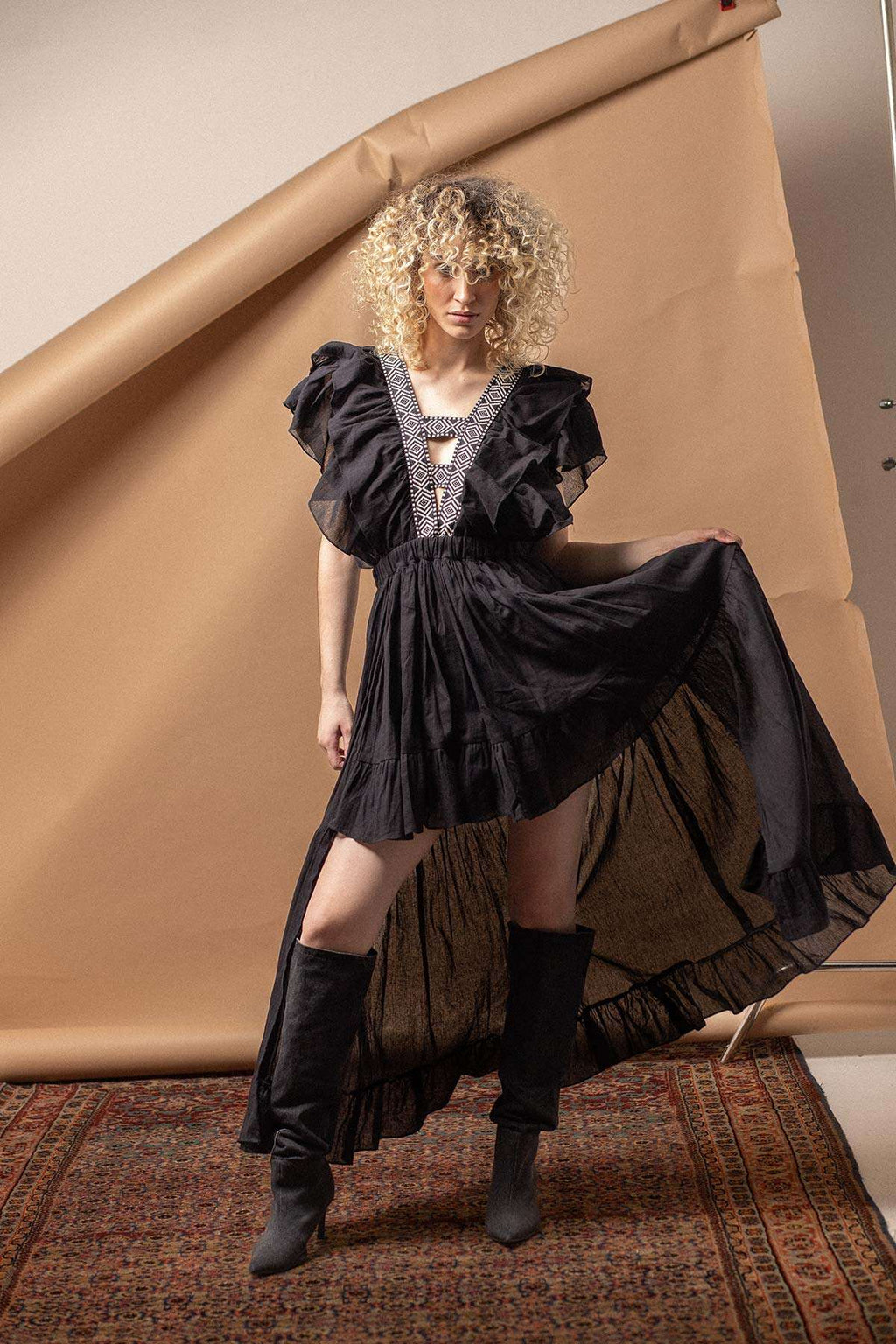 Ruffled Annia Dress UNITALLA S-M NEGRO BLANCO